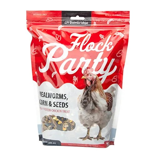 Flock Party- Mealworms, Corn & Seeds. (red)